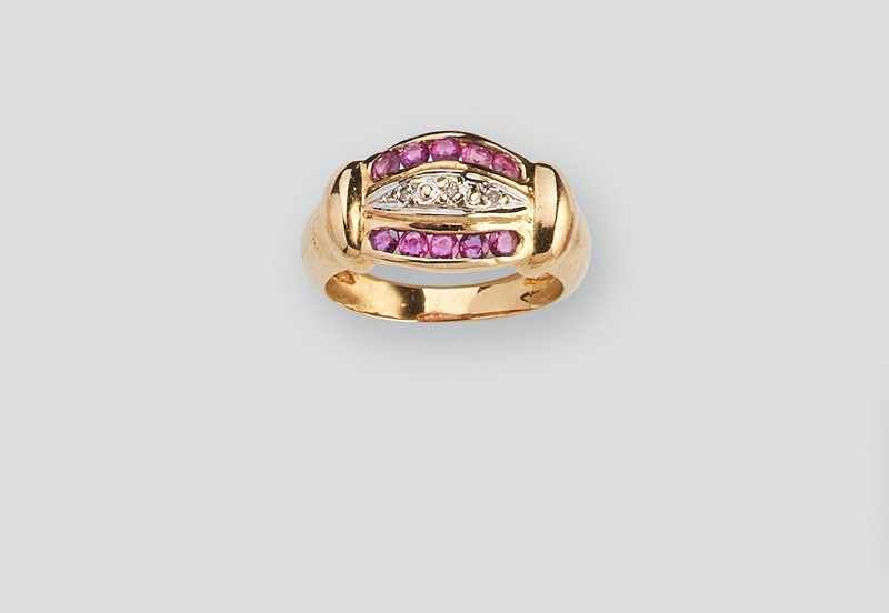 BAGUE en or (750) à deux rangs de petits...