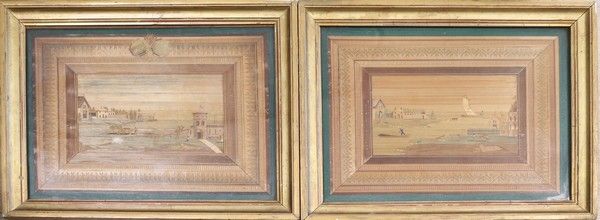 DEUX TABLEAUTINS en marqueterie de paille...