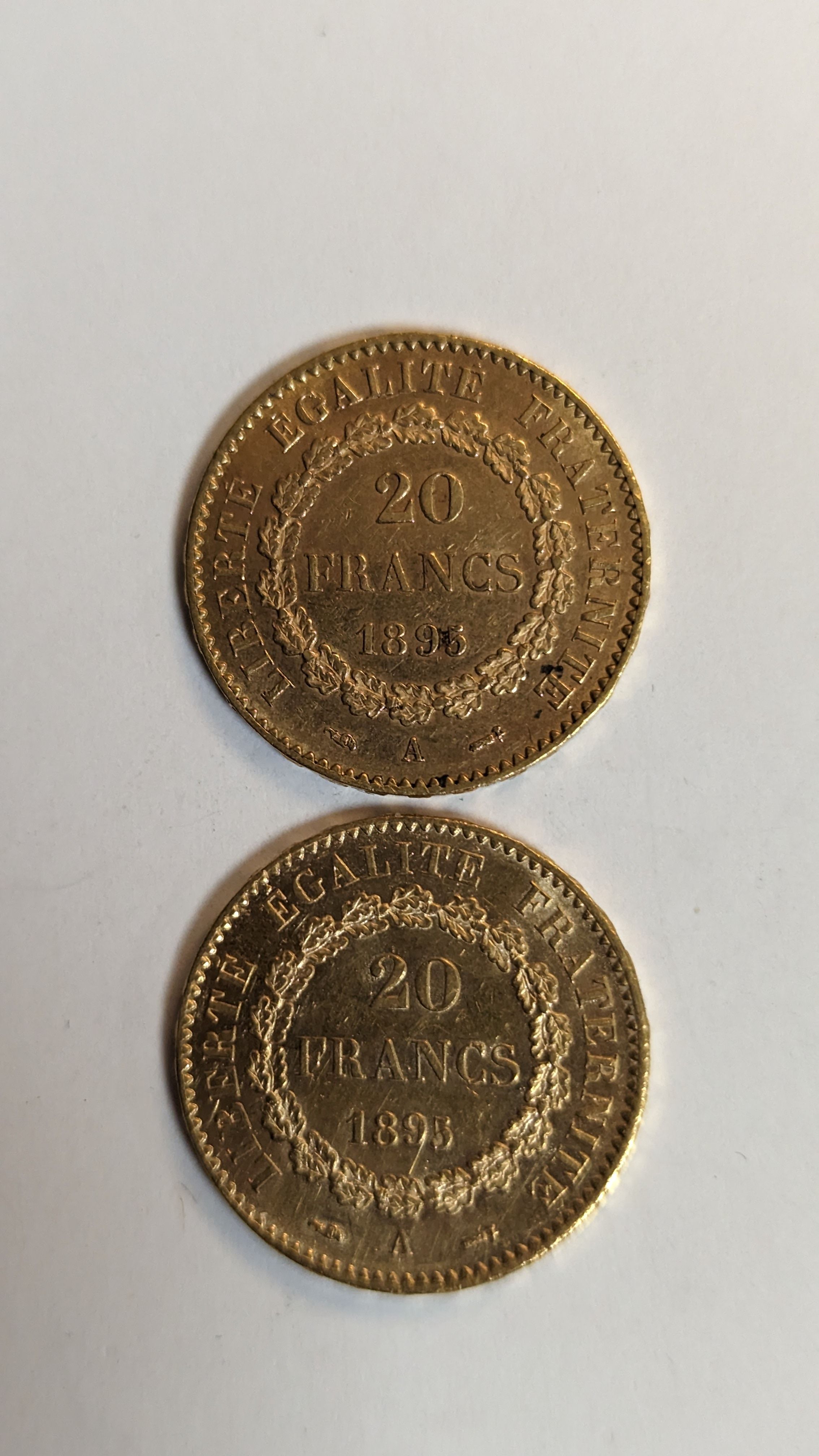 2 PIECES DE 20 FRANCS en or. Graveur Dupré....