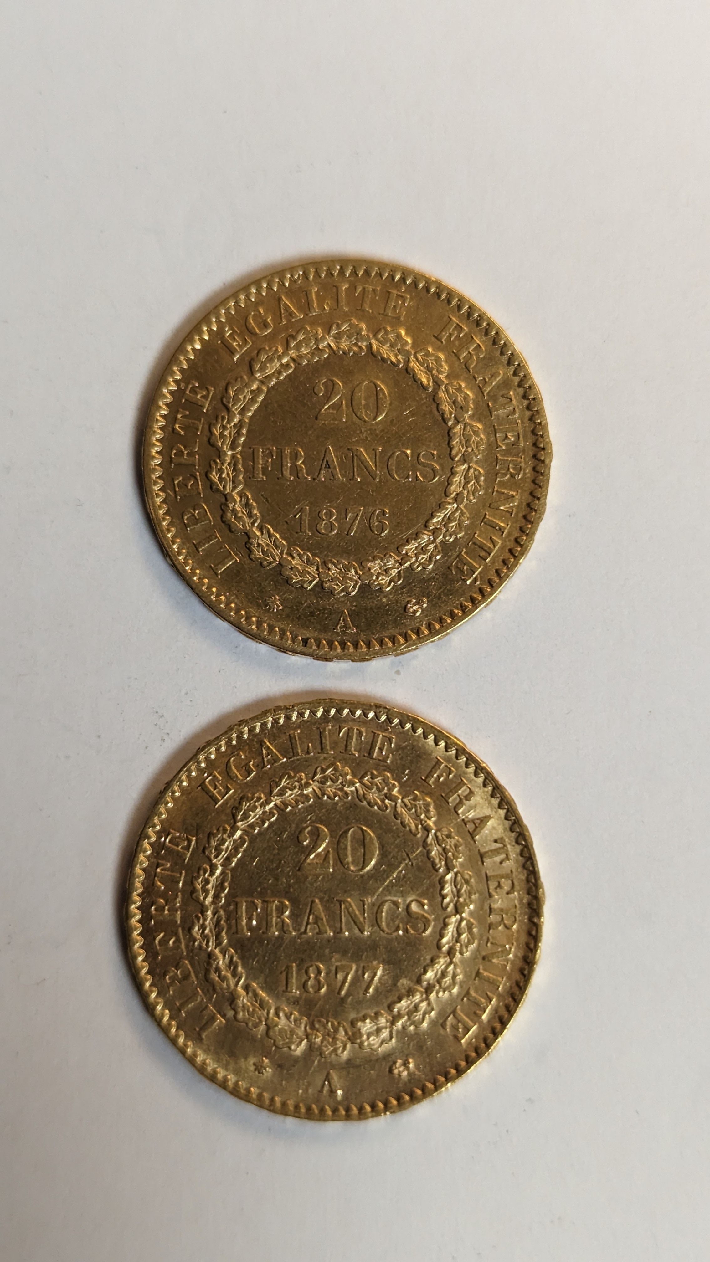 2 PIECES DE 20 FRANCS en or. Graveur Dupré....