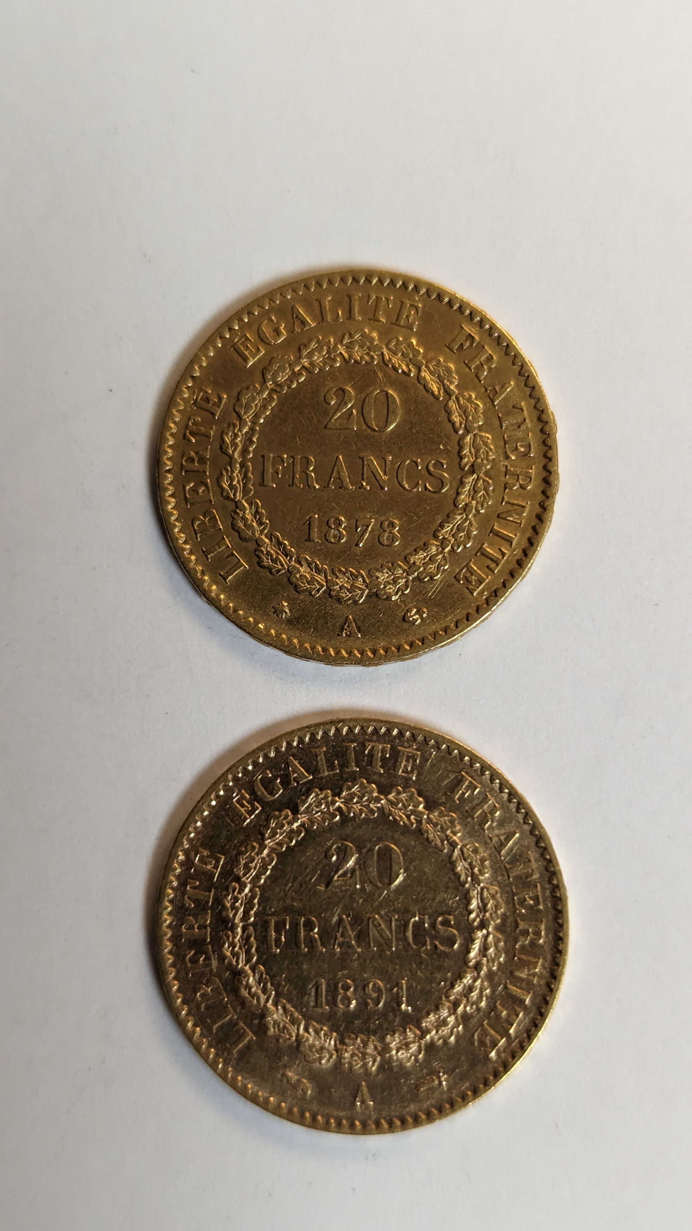 2 PIECES DE 20 FRANCS en or. Graveur Dupré....