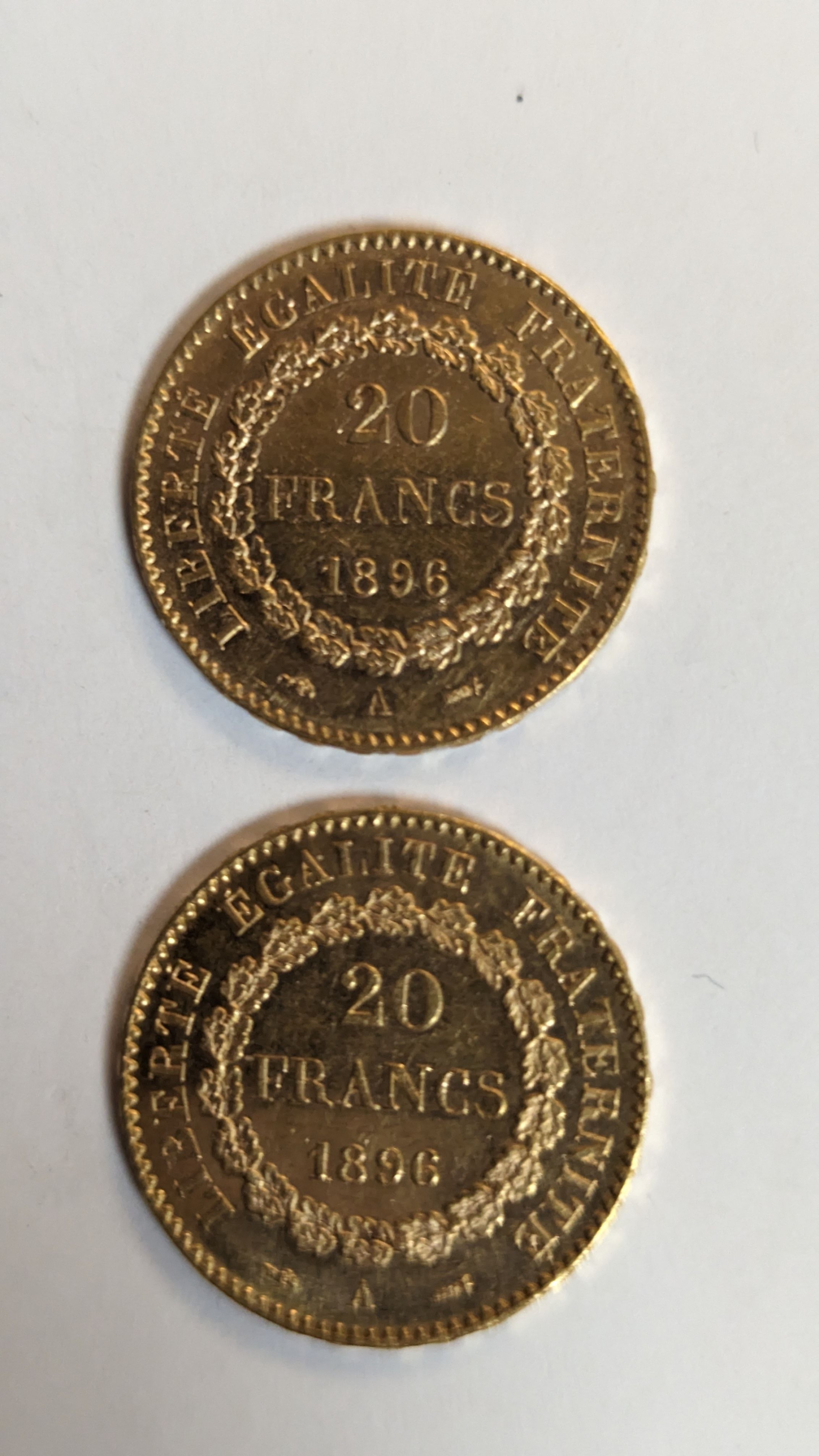 2 PIECES DE 20 FRANCS en or. Graveur Dupré....
