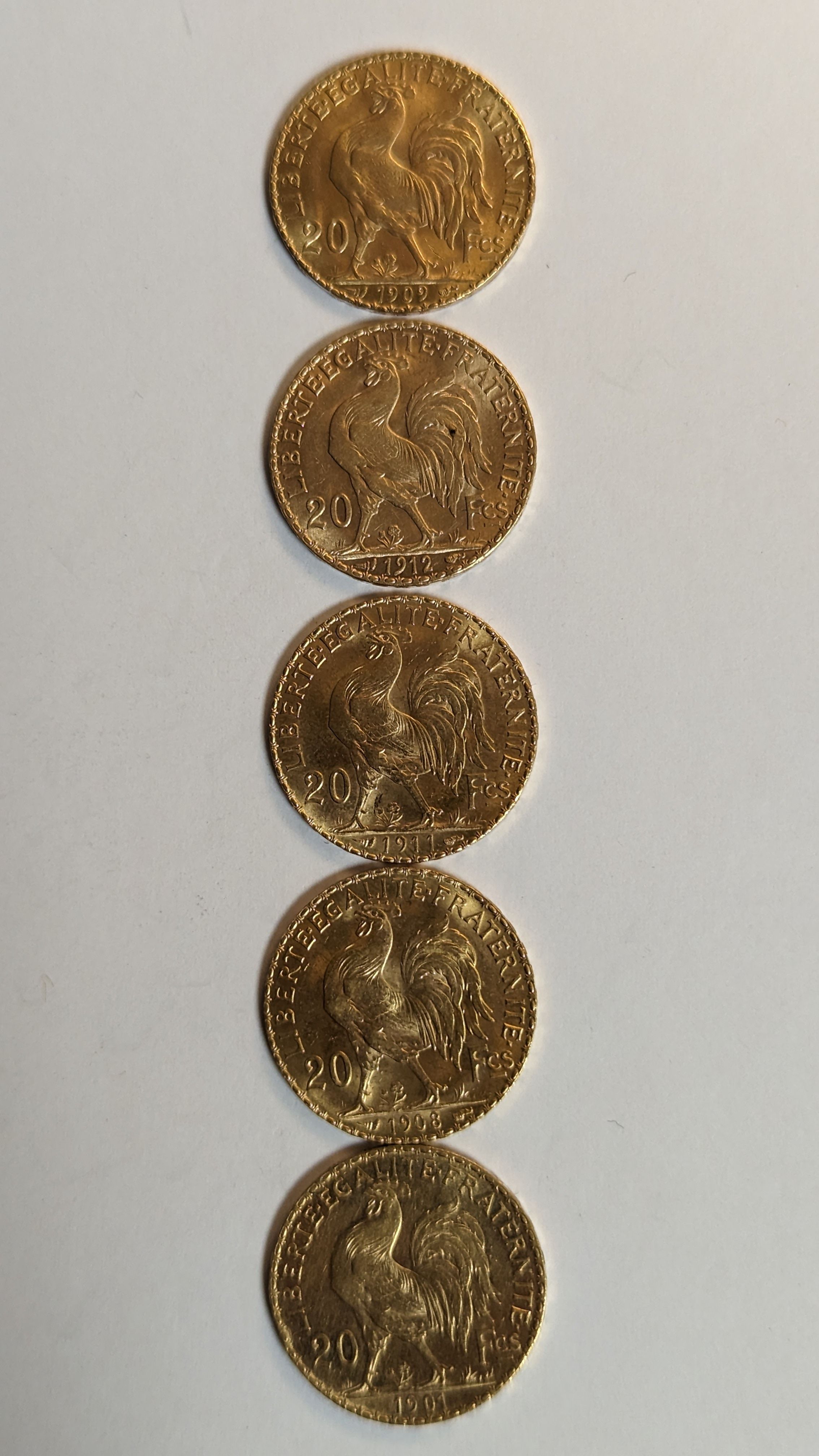 5 PIECES DE 20 FRANCS en or. Graveur Chaplain....