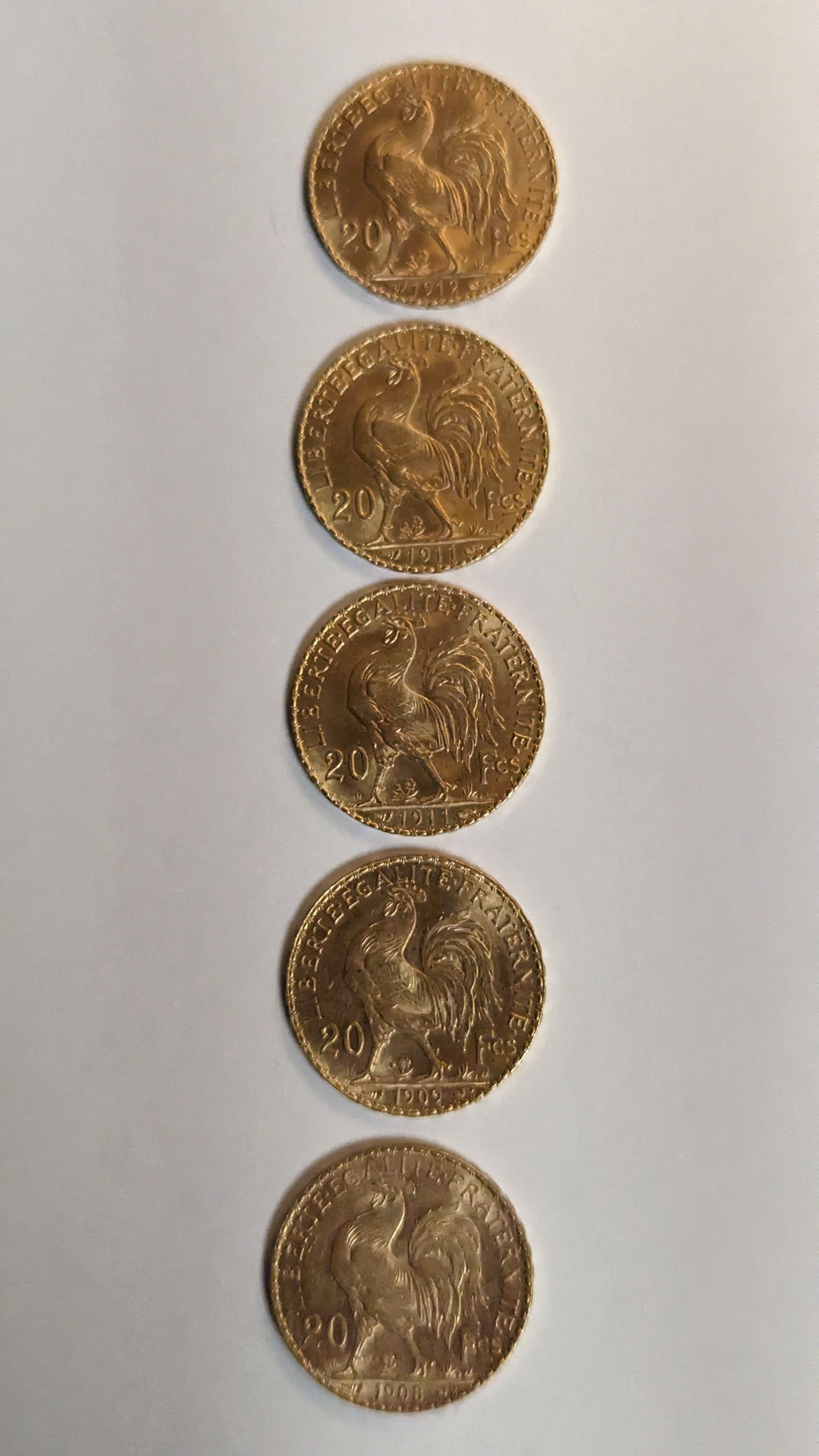 5 PIECES DE 20 FRANCS en or. Graveur Chaplain....
