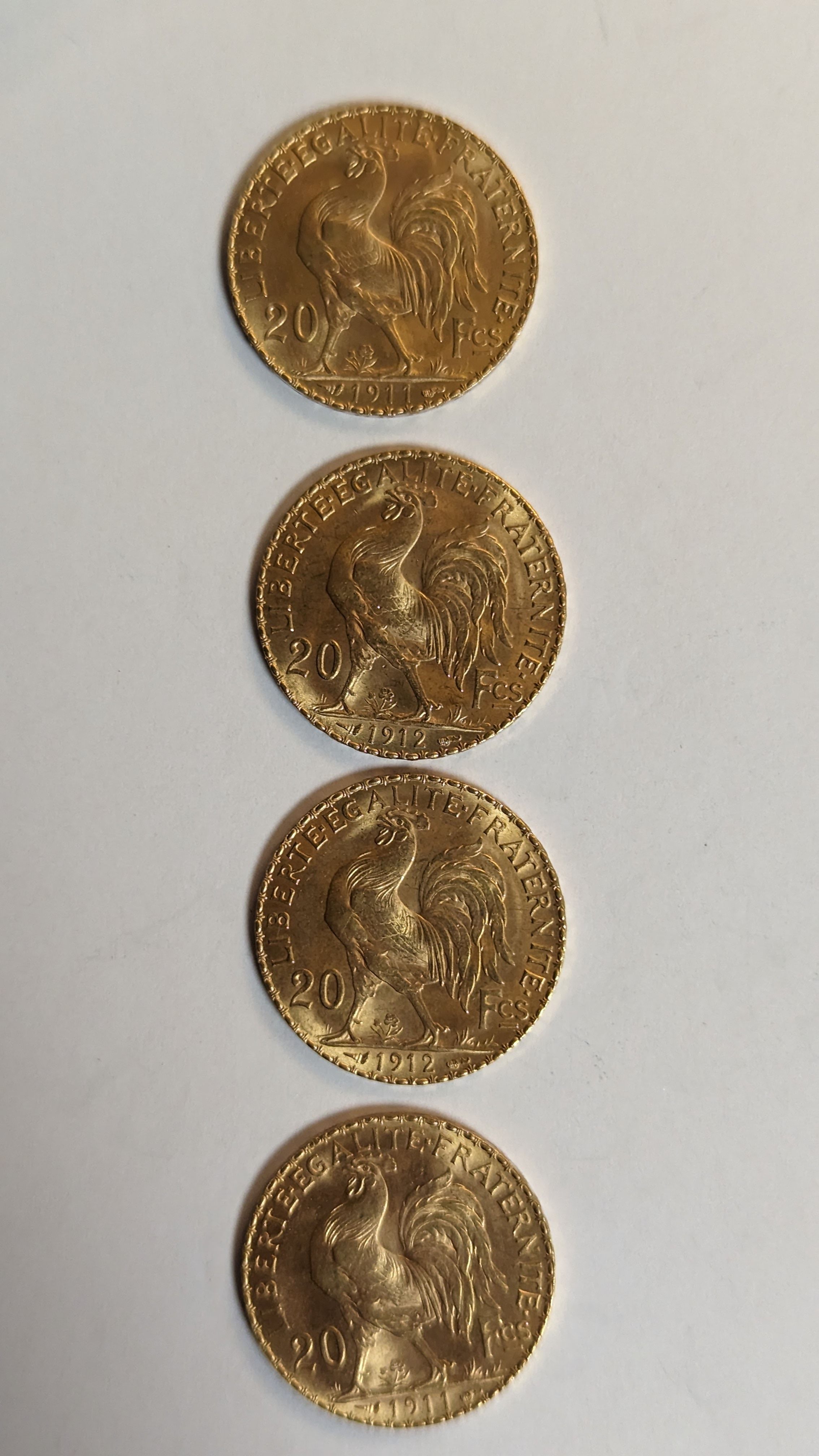 4 PIECES DE 20 FRANCS en or. Graveur Chaplain....