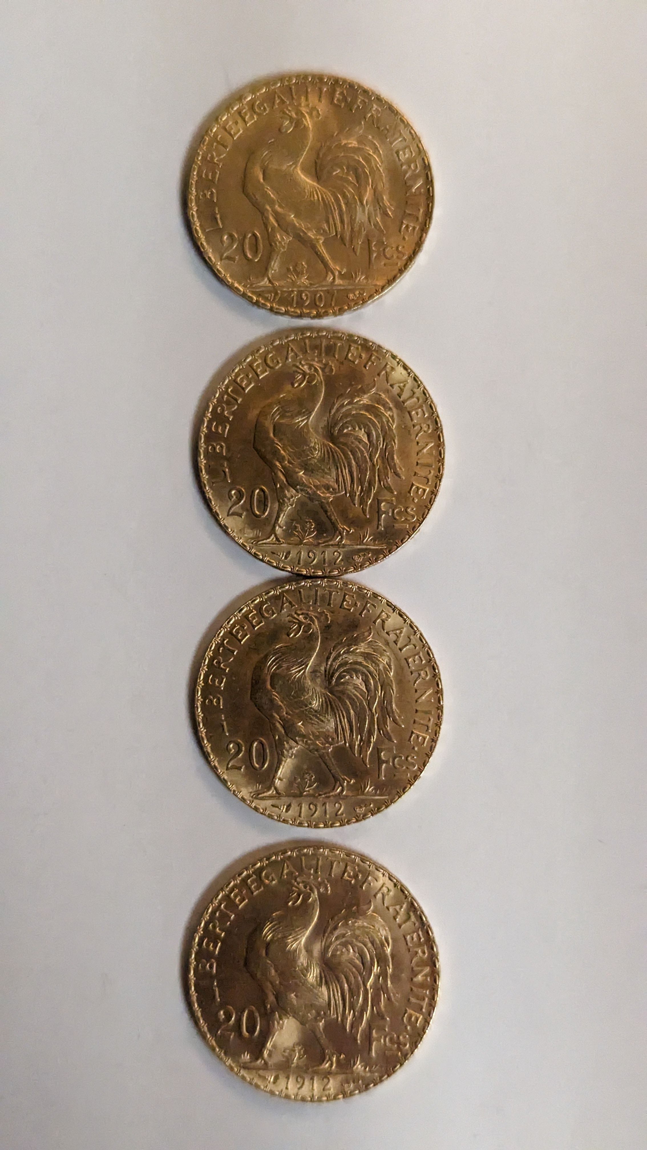 4 PIECES DE 20 FRANCS en or. Graveur Chaplain....
