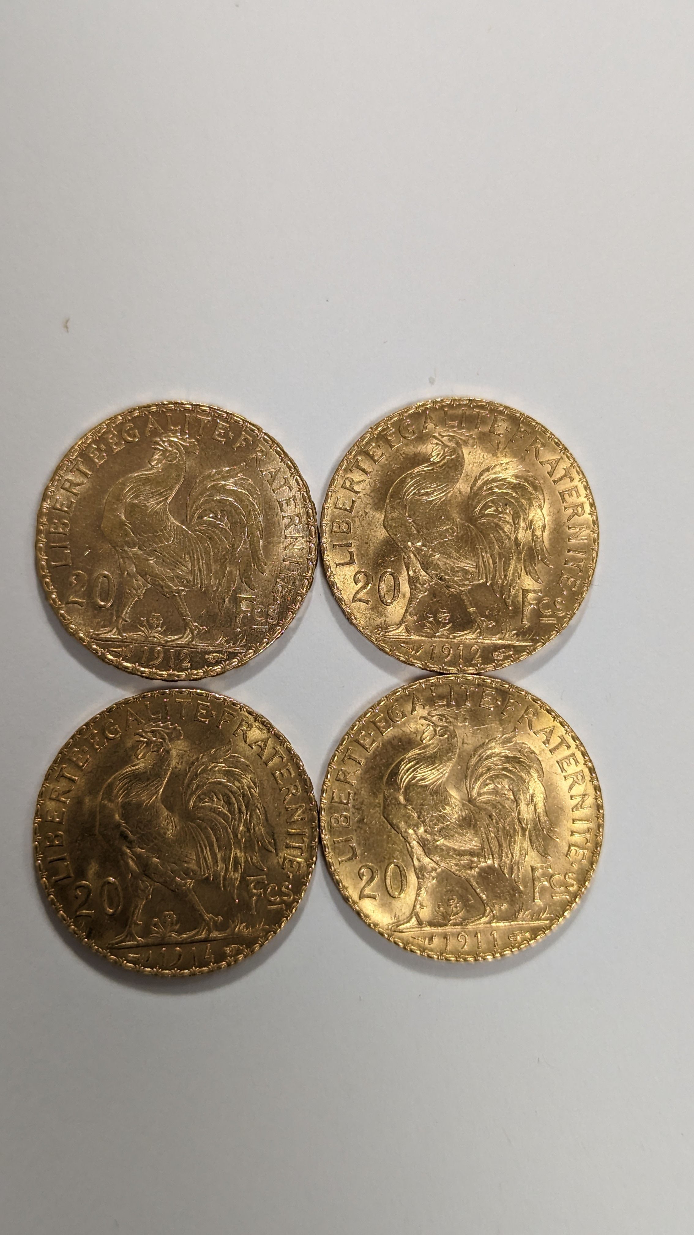 4 PIECES DE 20 FRANCS en or. Graveur Chaplain....