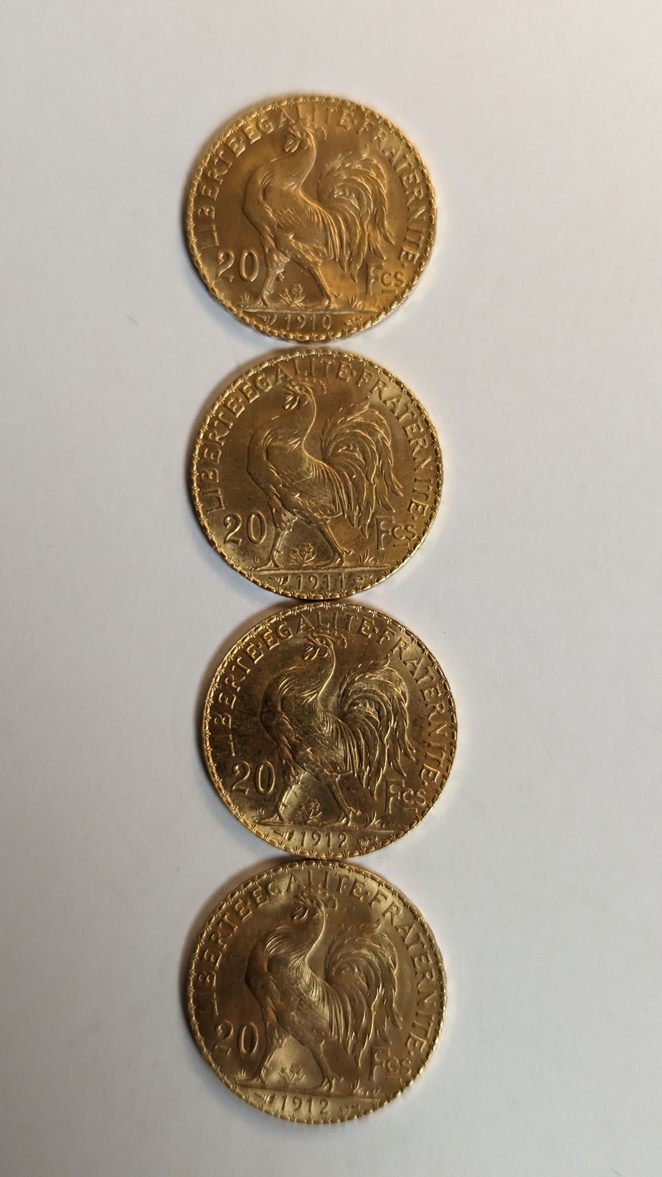4 PIECES DE 20 FRANCS en or. Graveur Chaplain....