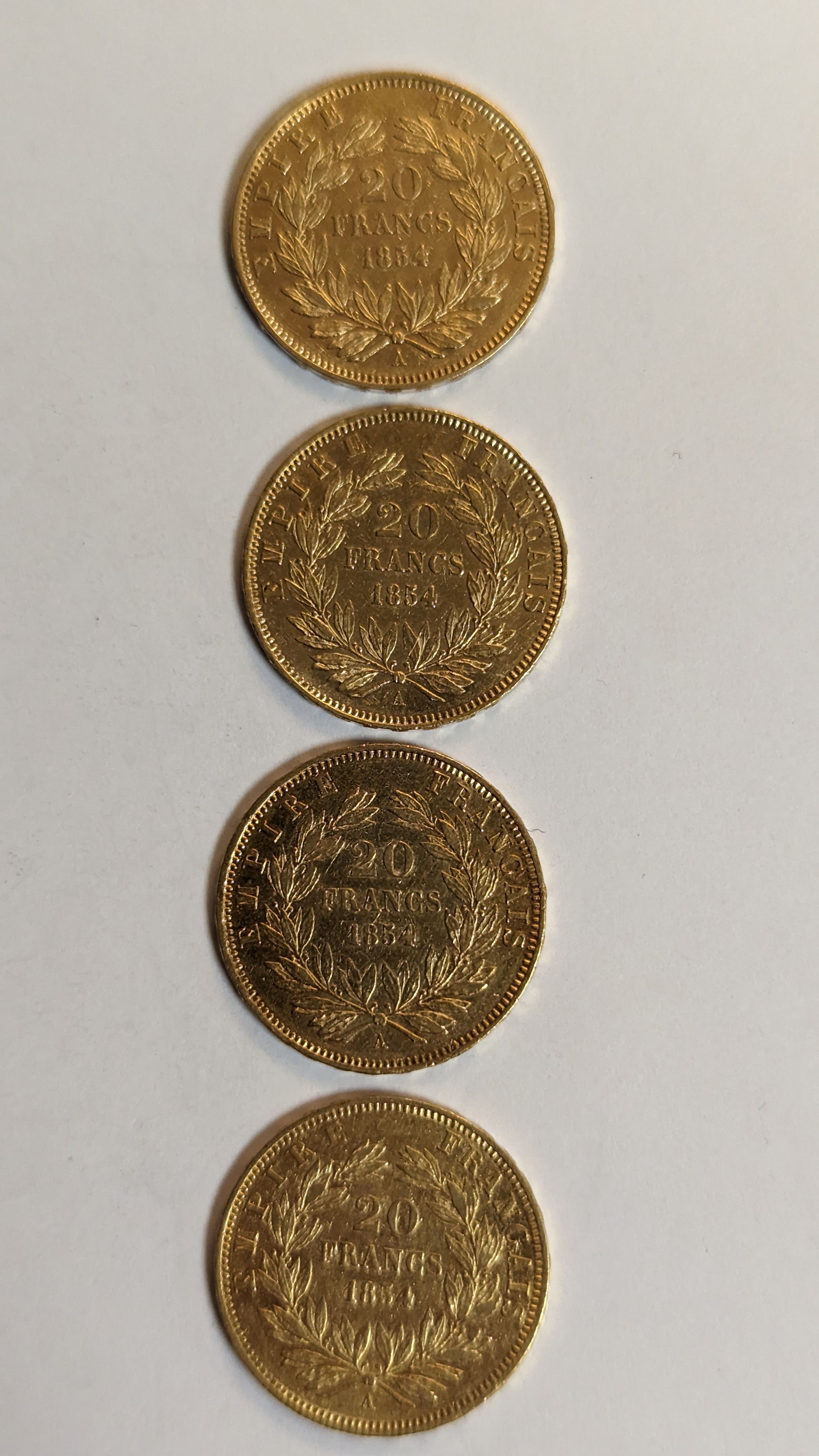 4 PIECES DE 20 FRANCS en or. Graveur Barre....