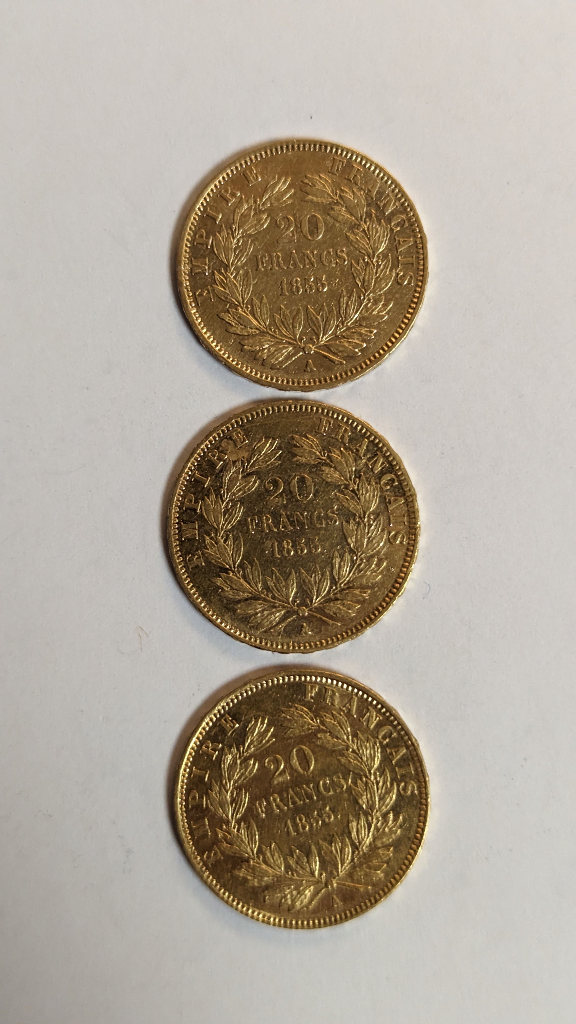 3 PIECES DE 20 FRANCS en or. Graveur Barre....