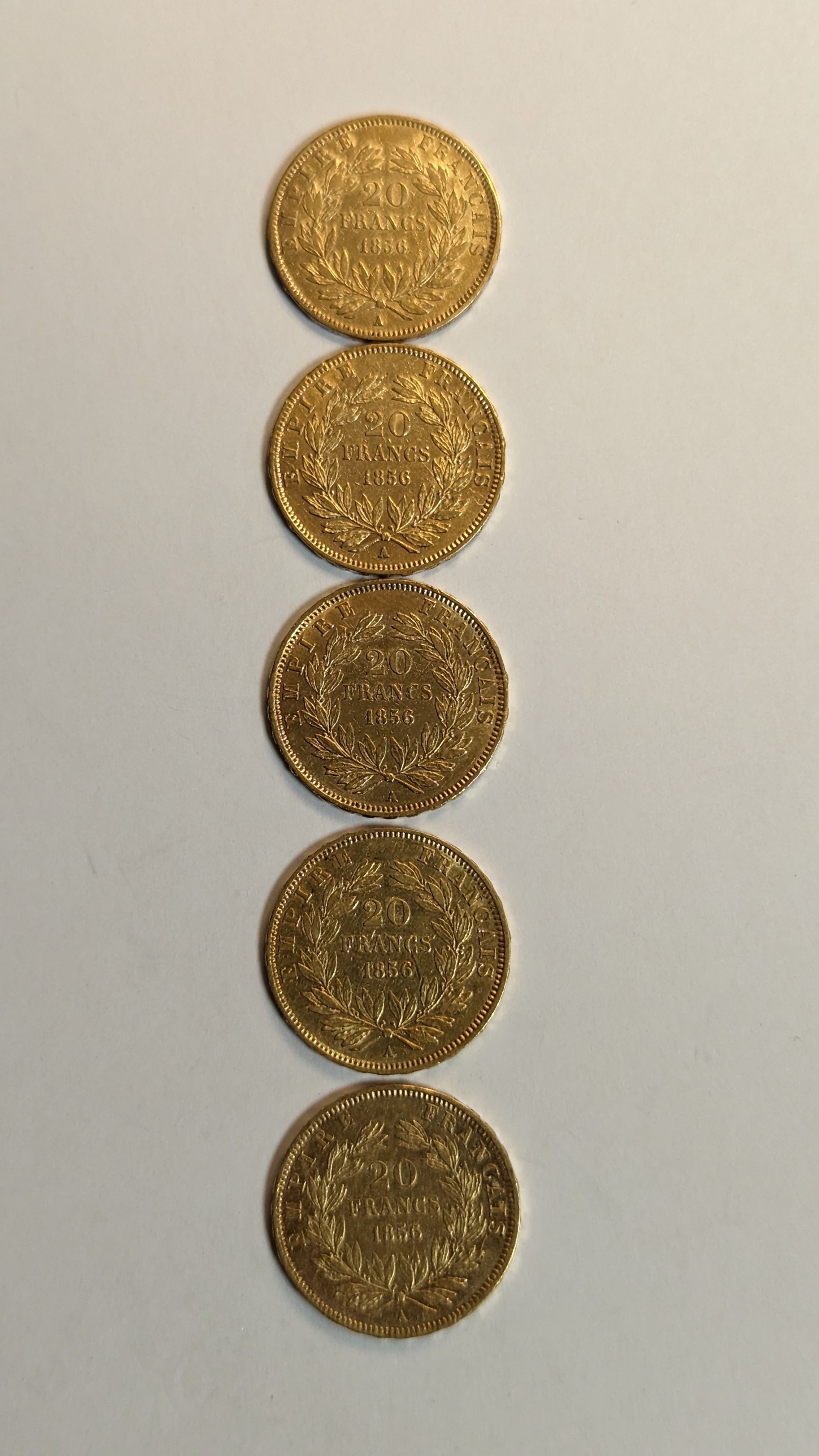5 PIECES DE 20 FRANCS en or. Graveur Barre....