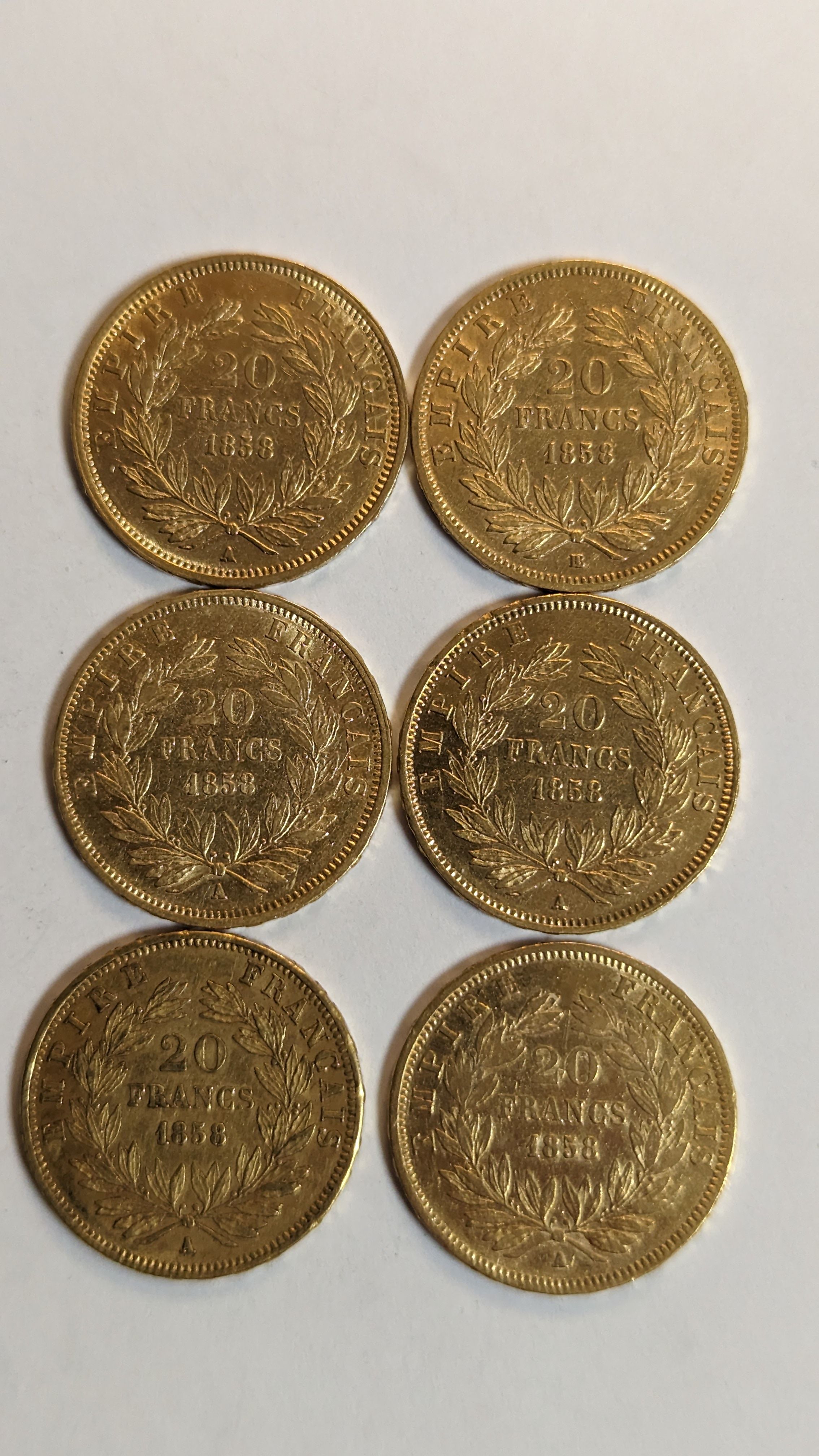 6 PIECES DE 20 FRANCS en or. Graveur Barre....