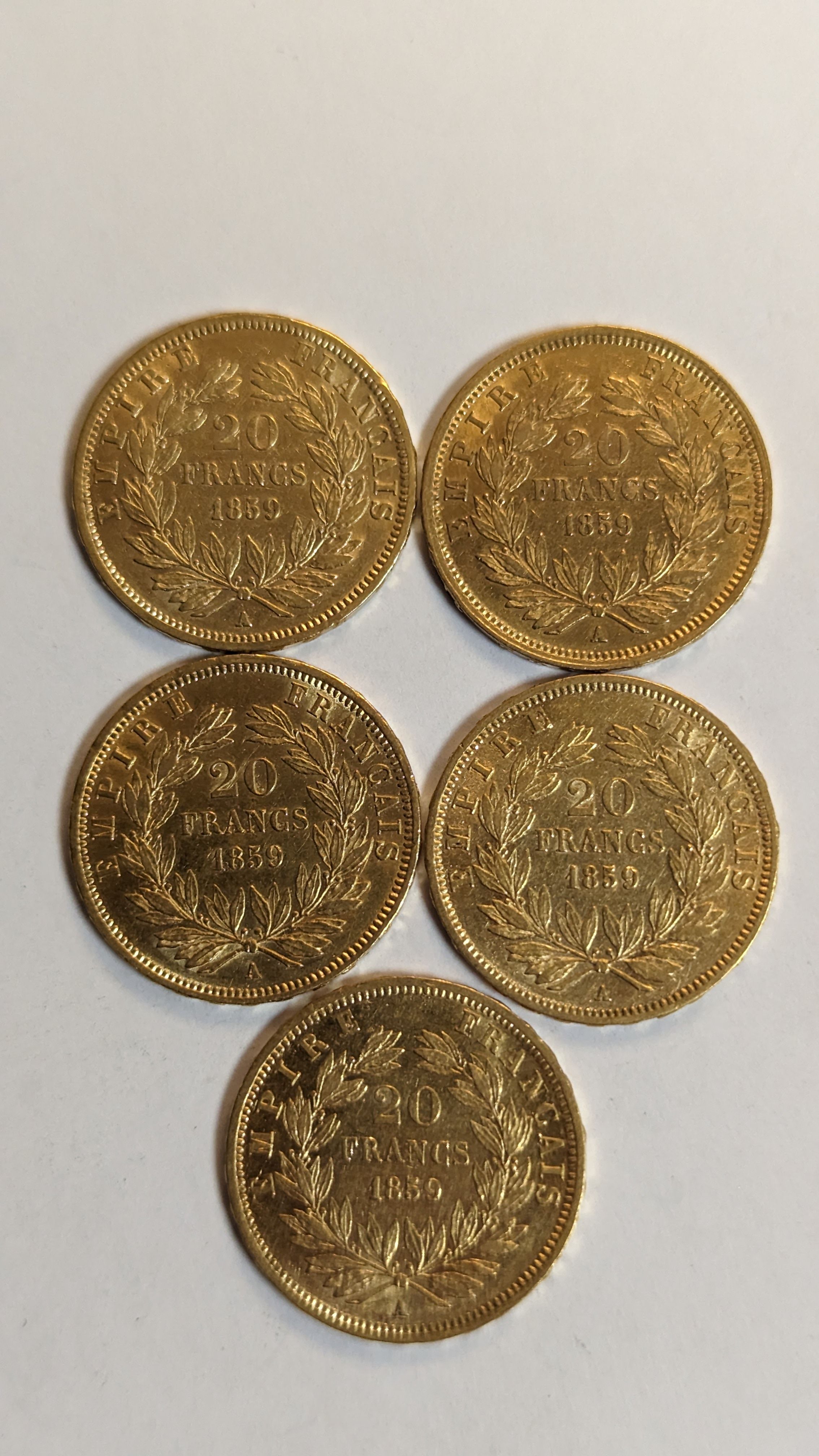 5 PIECES DE 20 FRANCS en or. Graveur Barre....