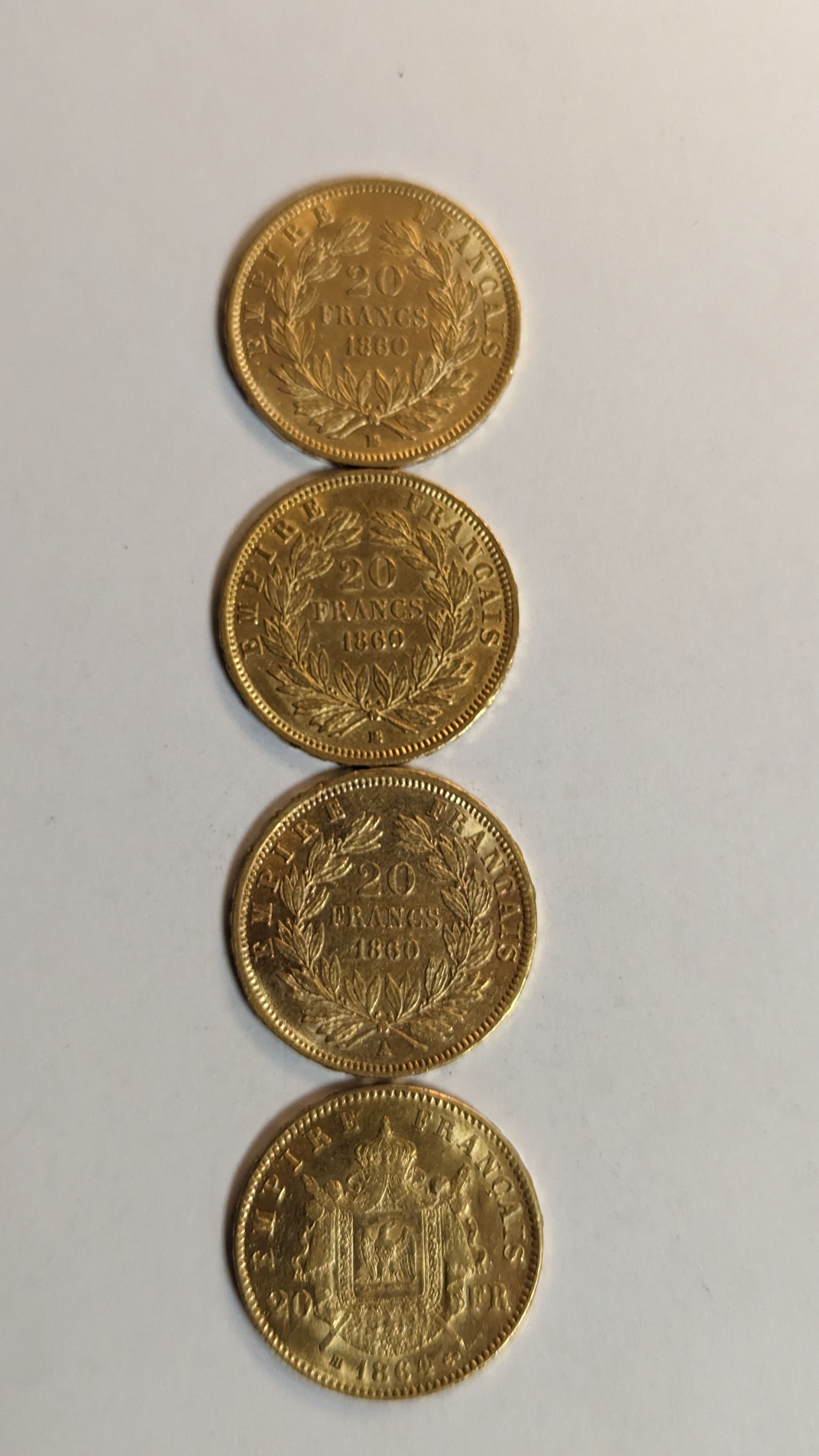 4 PIECES DE 20 FRANCS en or. Graveur Barre....