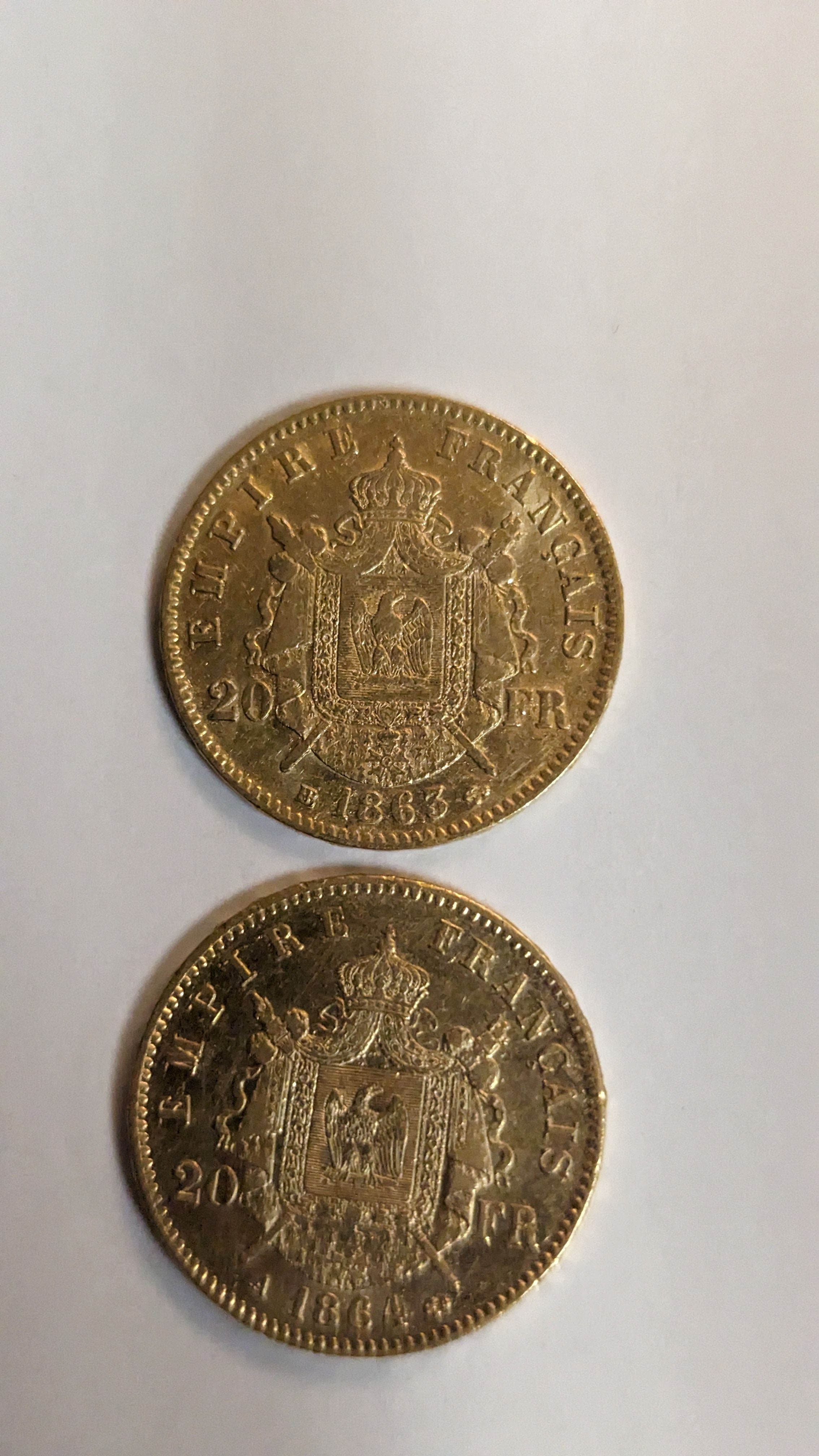 2 PIECES DE 20 FRANCS en or. Graveur Barre....