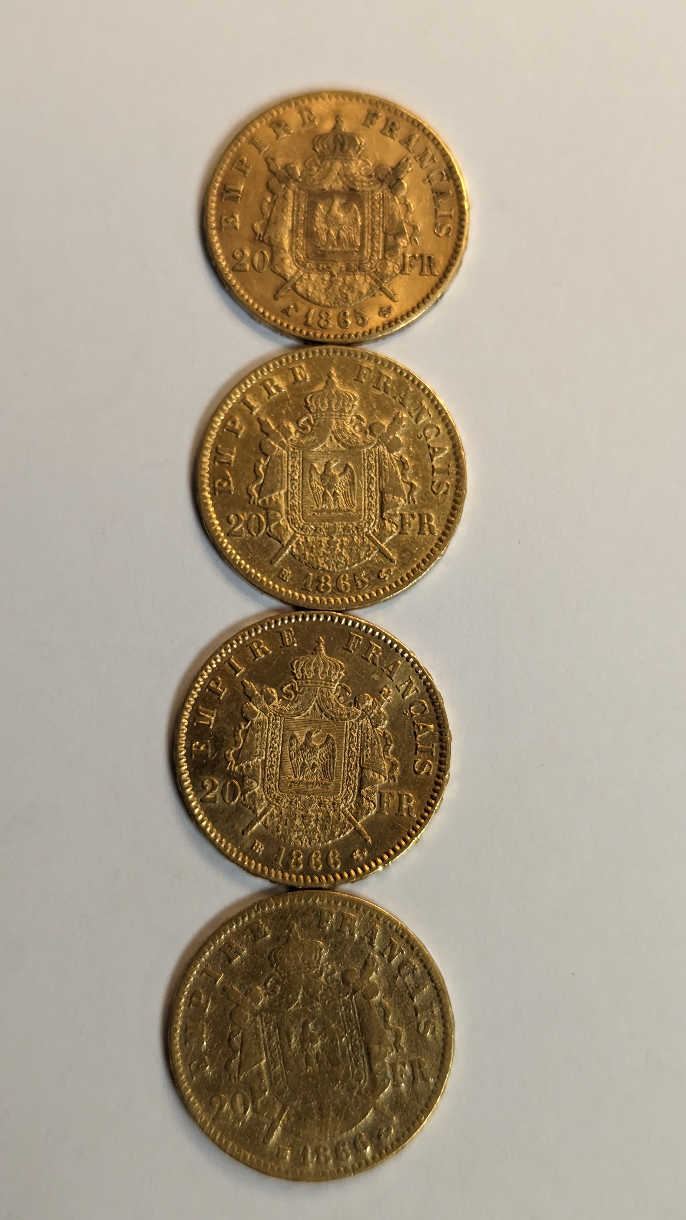 4 PIECES DE 20 FRANCS en or. Graveur Barre....
