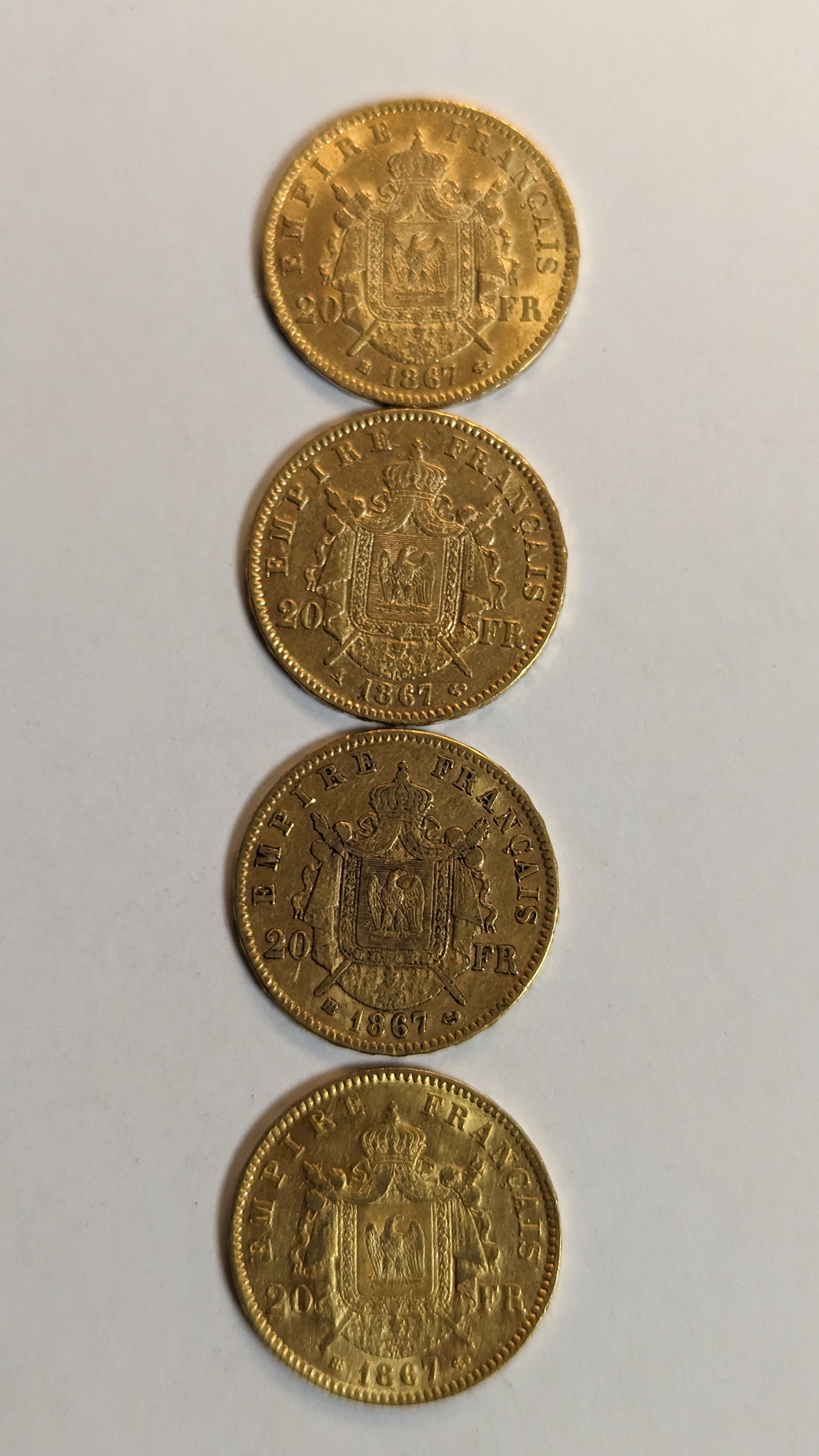 4 PIECES DE 20 FRANCS en or. Graveur Barre....