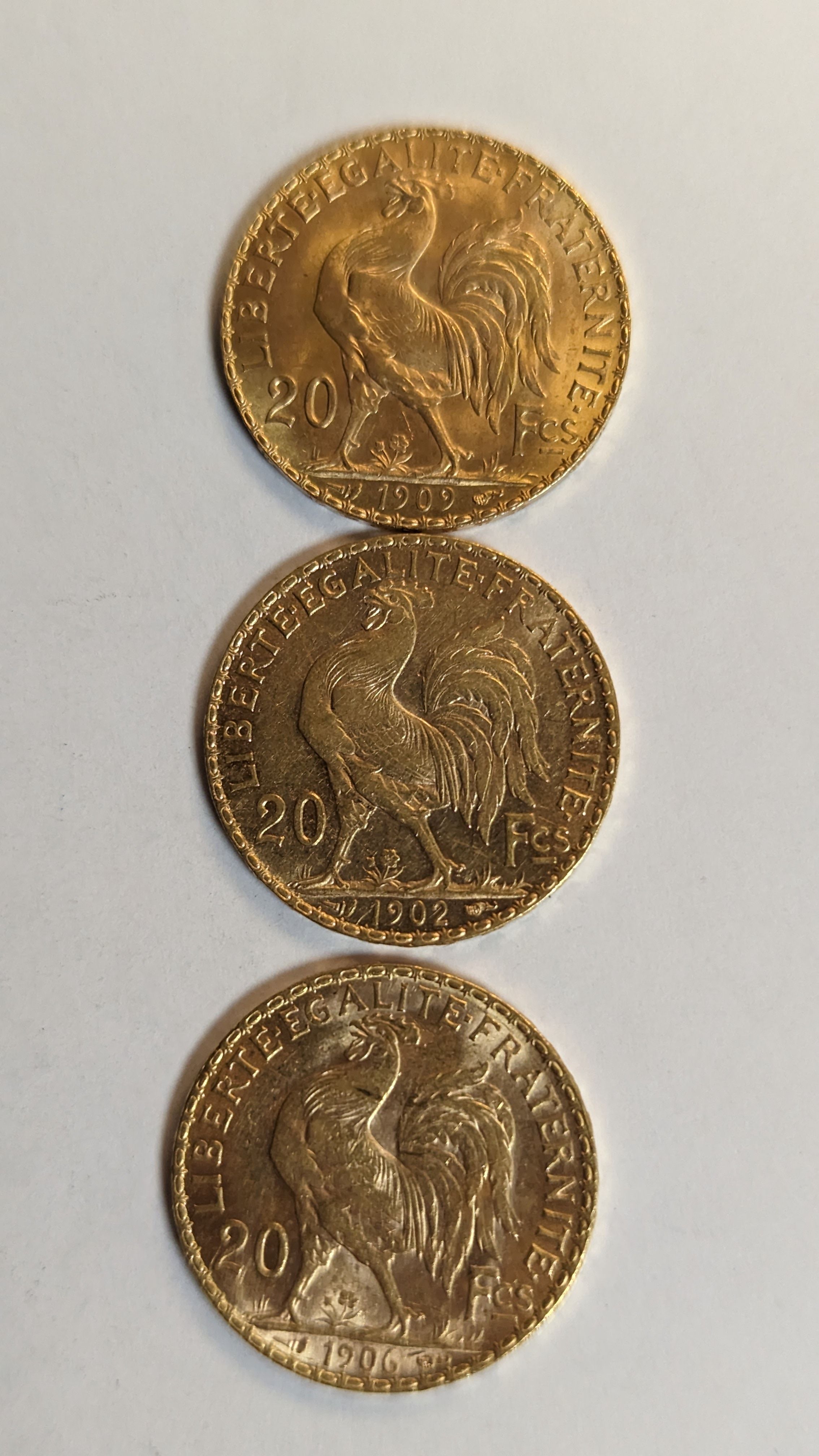 3 PIECES DE 20 FRANCS en or. Graveur Chaplain....