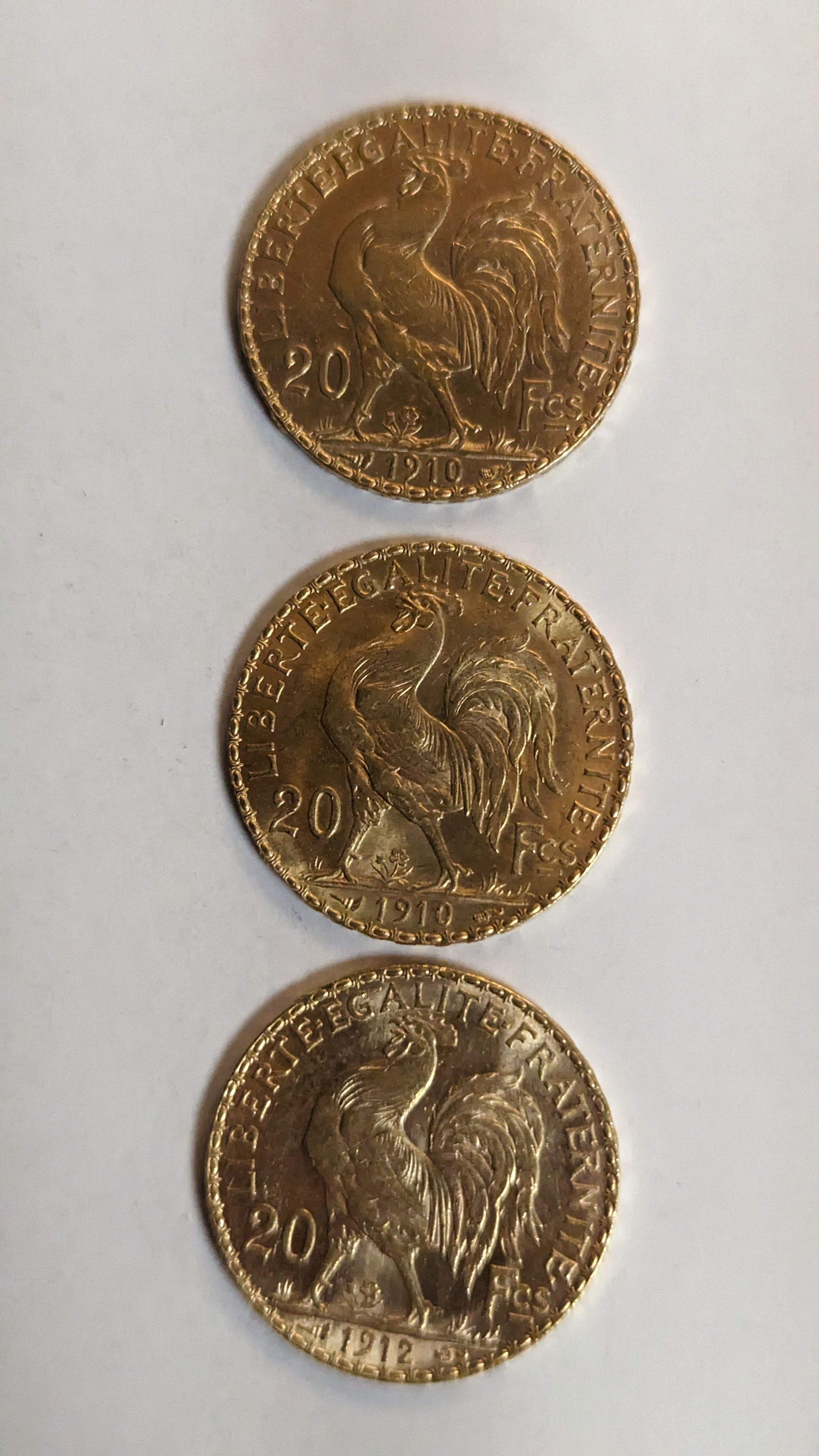 3 PIECES DE 20 FRANCS en or. Graveur Chaplain....