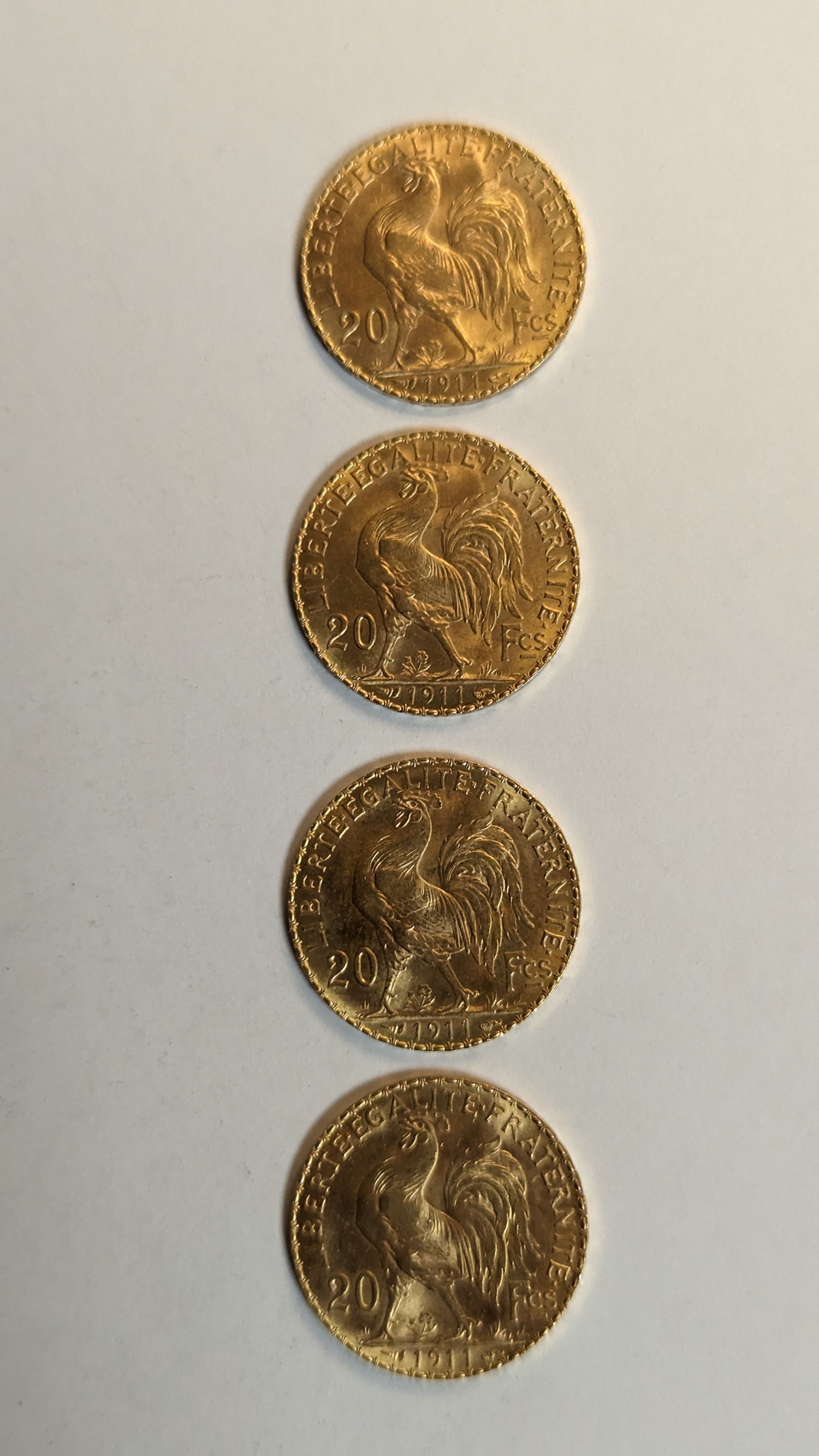 4 PIECES DE 20 FRANCS en or. Graveur Chaplain....