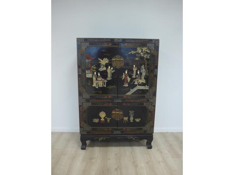 CABINET deux corps en bois laqué noir incrusté...