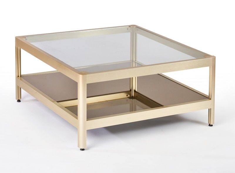 TABLE BASSE carrée en aluminium doré, plateau...