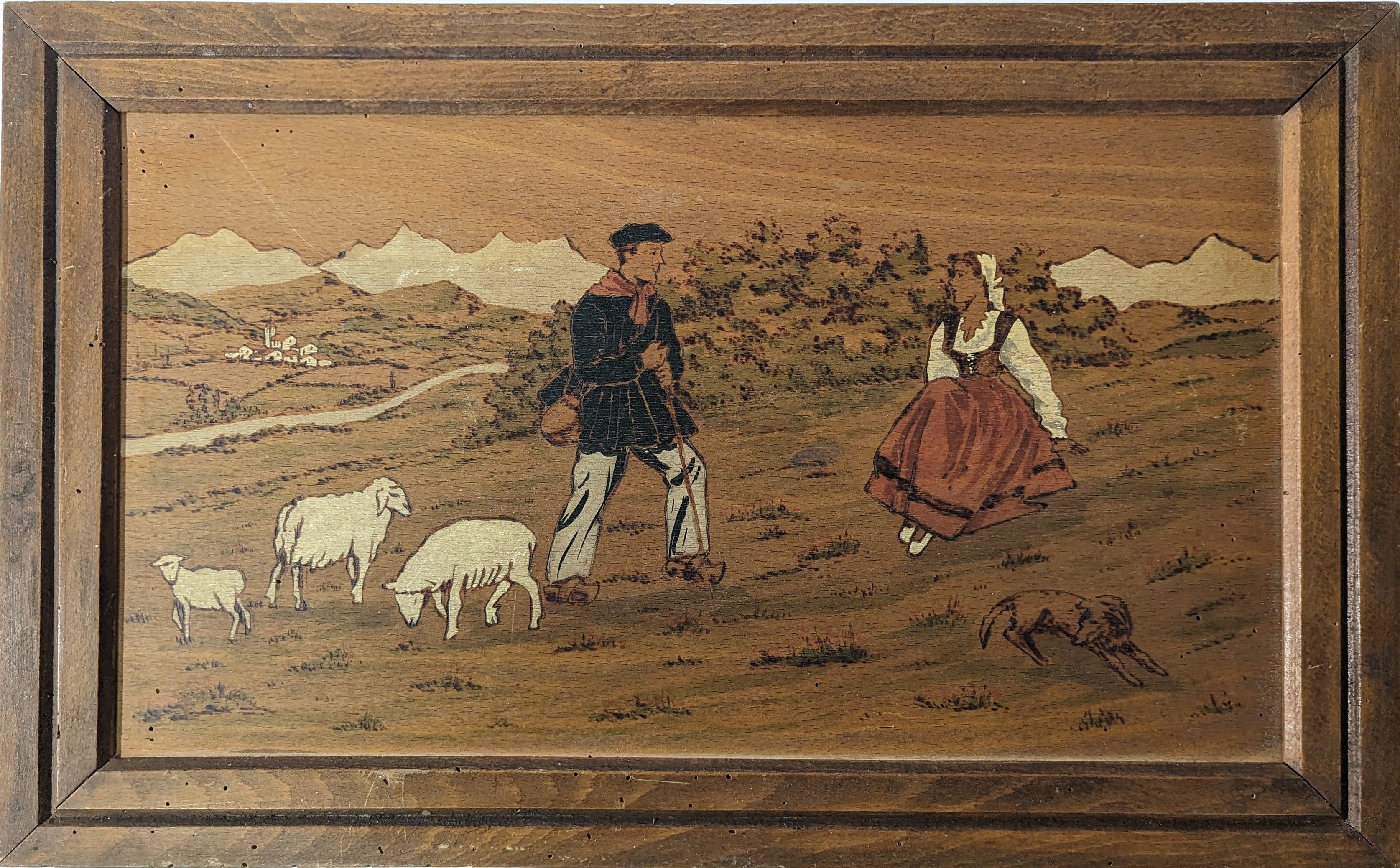 PANNEAU pyrogravé et peint représentant un...