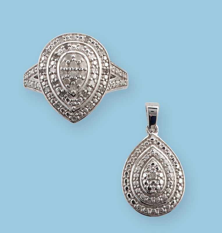 BAGUE et PENDENTIF en argent (925mm) et pavages...