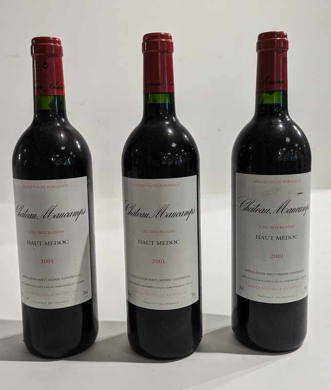 3 Blles CH. MAUCAMPS, Haut Médoc 2001.