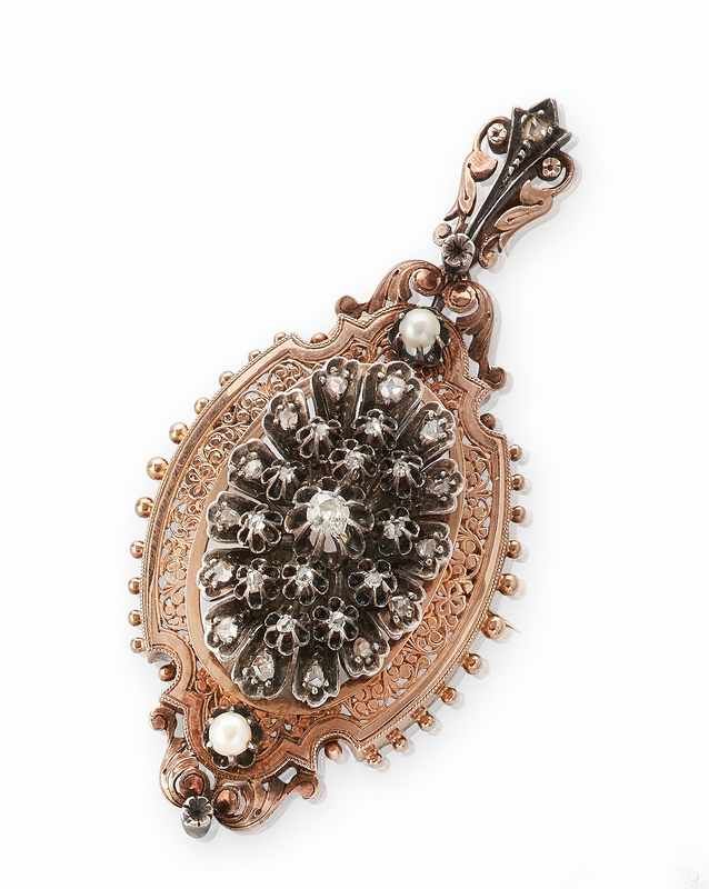 GRAND PENDENTIF / BROCHE en or (750) et argent,...
