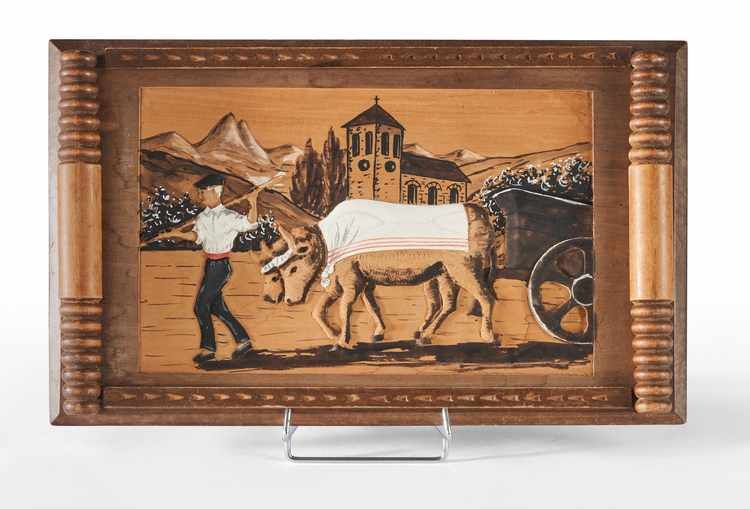 PLATEAU rectangulaire en bois, à deux anses...