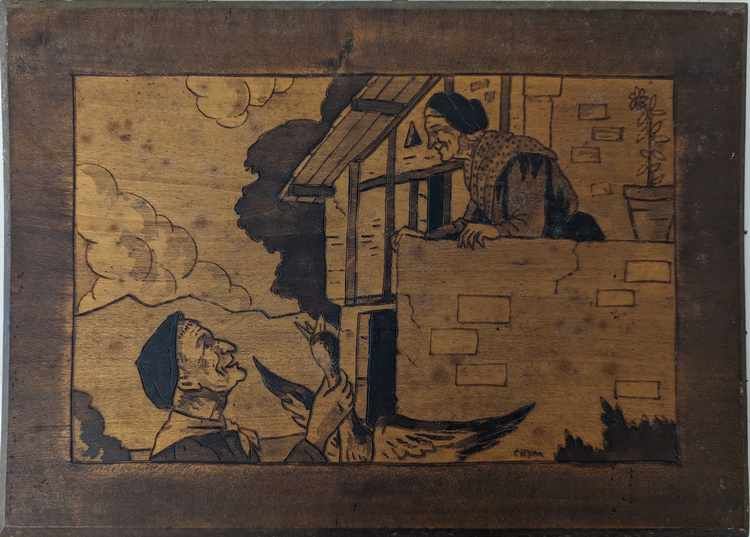 PANNEAU pyrogravé représentant un basque...
