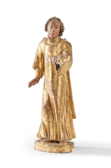 STATUETTE de religieux en robe, en bois sculpté...