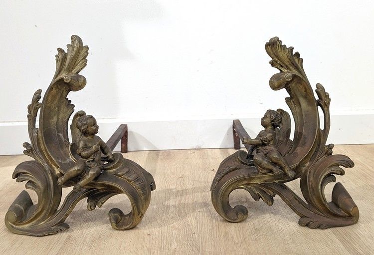 PAIRE DE CHENETS en bronze à décor rocaille...