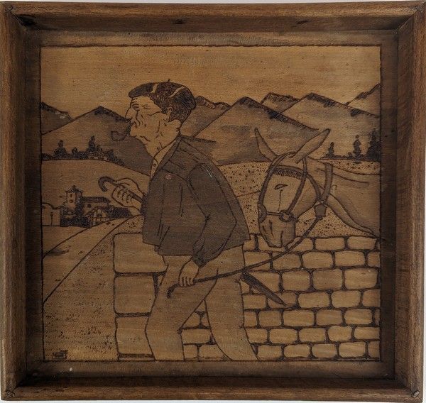 PETIT PLATEAU carré en bois à décor pyrogravé...