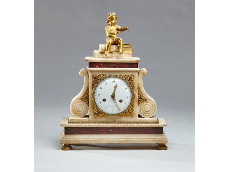 PENDULE BORNE en marbre blanc et rouge griotte,...