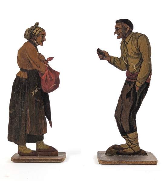 PAIRE DE FIGURINES en bois découpé et peint,...