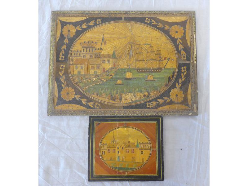 DEUX PANNEAUX en marqueterie de paille teintés...