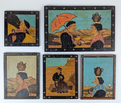 SUITE DE SIX PANNEAUX en bois pyrogravé et...