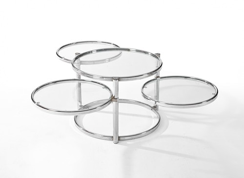 TABLE BASSE ronde en métal chromé et verre,...