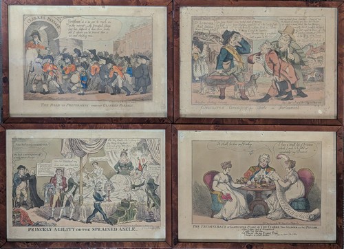 SUITE DE QUATRE GRAVURES anglaises de caricature,...