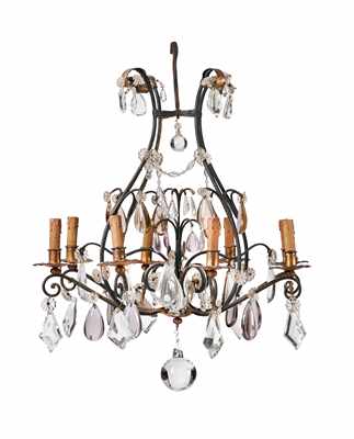 LUSTRE CAGE en fer laqué noir et tôle dorée,...