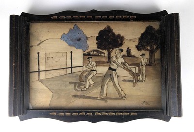 PLATEAU rectangulaire en bois à deux anses...