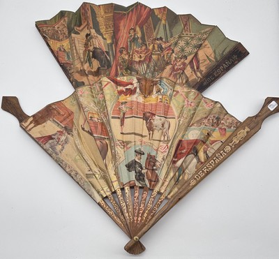 DEUX EVENTAILS à feuille pliée chromolithographiée...