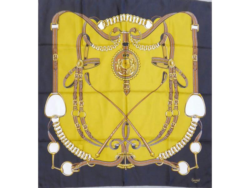 CARRE de soie, "ESQUITABLE,Paris", fond moutarde,...