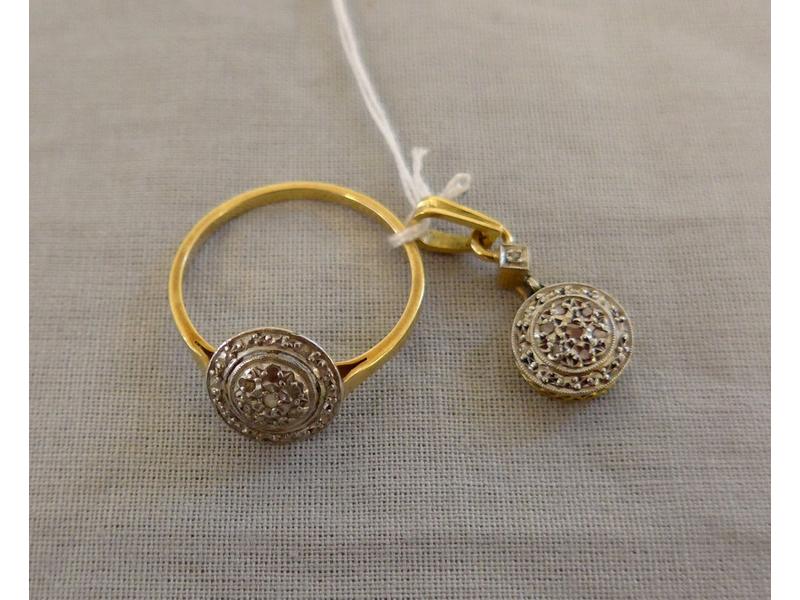 LOT : BAGUE en or jaune et brillants et PENDENTIF...