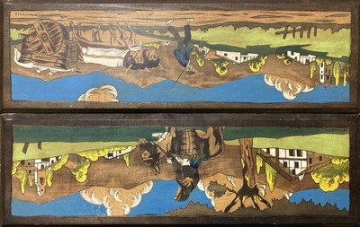 PAIRE DE PANNEAUX panoramiques en bois pyrogravés...