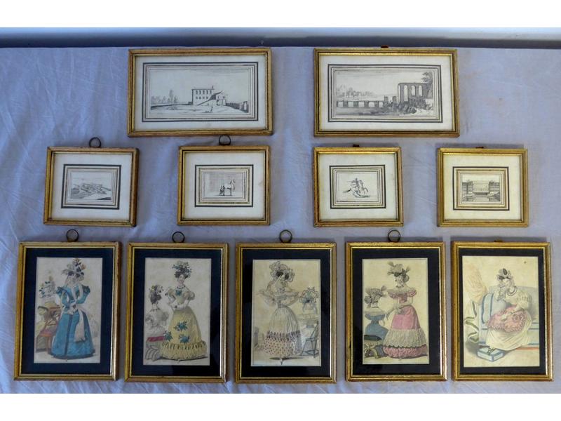 LOT DE ONZE PETITES GRAVURES encadrées :...
