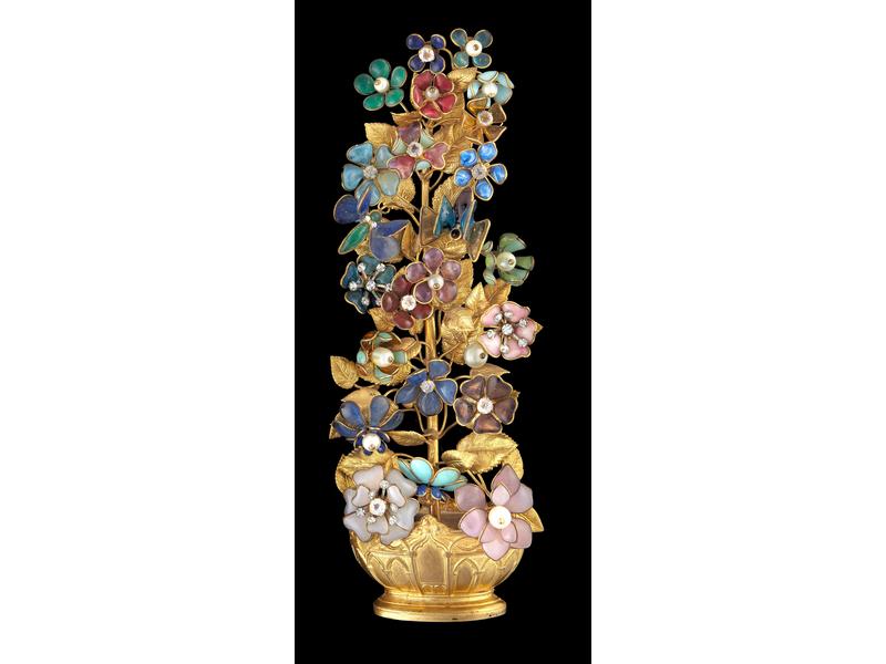 ARBRE FLEURI en pâte de verre et métal doré,...