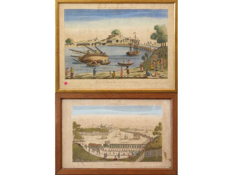 DEUX VUES D'OPTIQUE gravées en noir réhaussées...